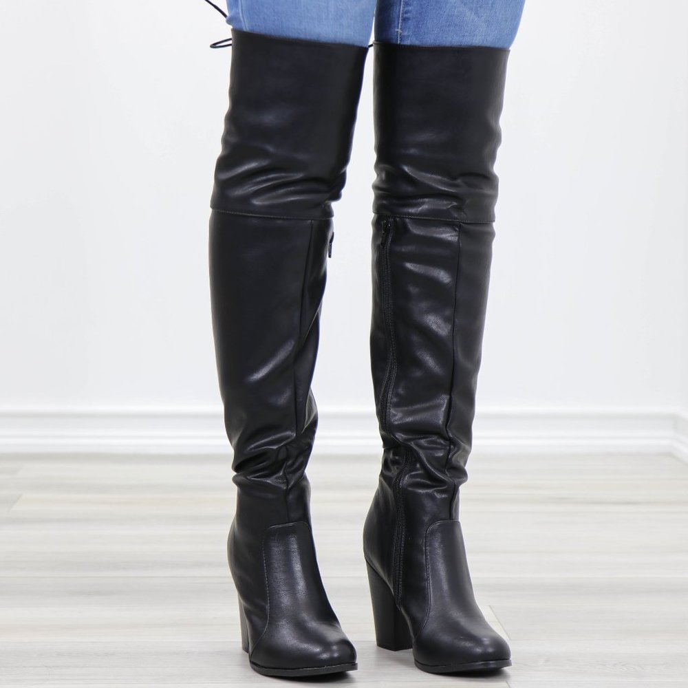 Restock Faux Leather Thigh High Boots Lace Up Back - Picture 2 of 16